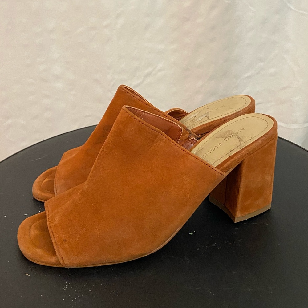 Marc Fisher burnt orange suede heeled mules